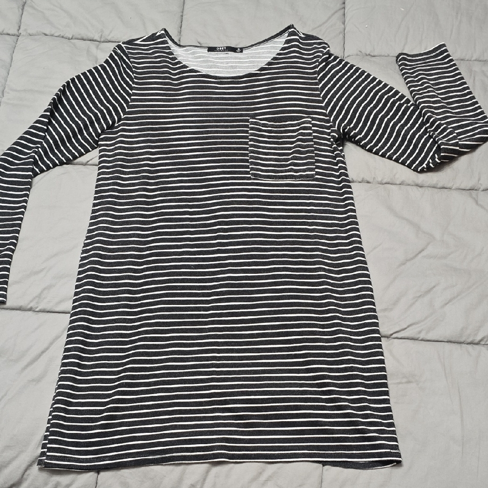 Obey Black and White Striped Long Sleeve Dress